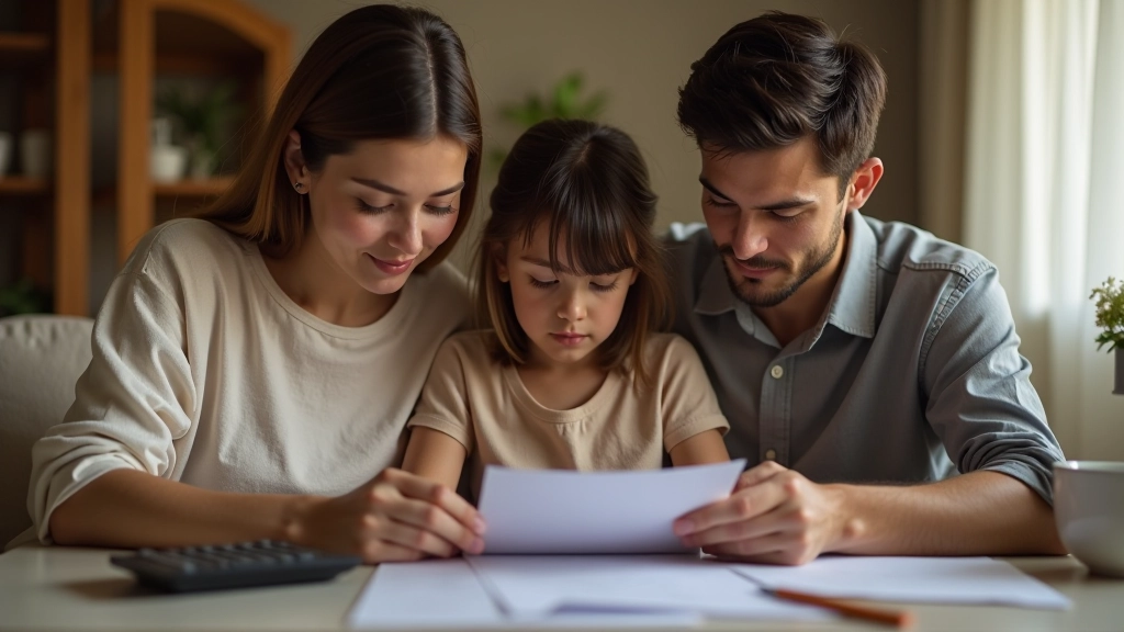 Familia reunida en sala de estar revisando documentos y calculadora para solicitud de vivienda protegida