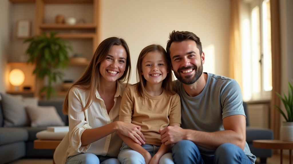 Familia joven sonriente en salón luminoso de vivienda moderna con vistas claras