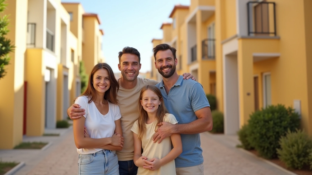 Familia española feliz frente a su nueva vivienda de protección oficial