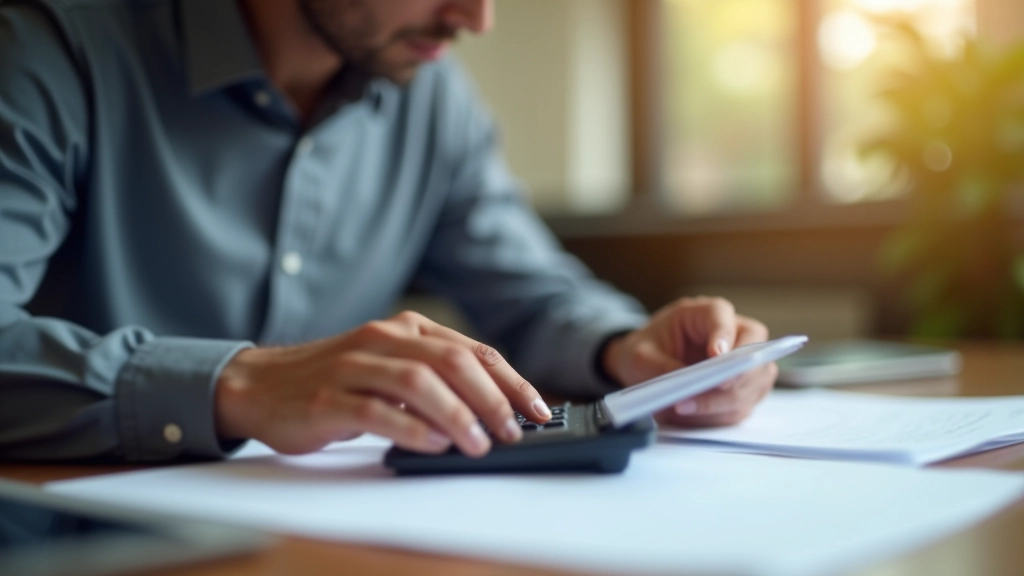 Persona sentada en escritorio realizando cálculo de renta bruta anual familiar con documentos y calculadora